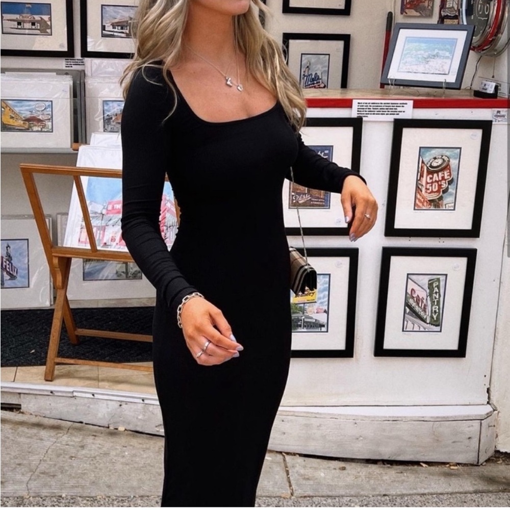 SKIMS Black Rib Lounge Long Sleeve Maxi Dress S